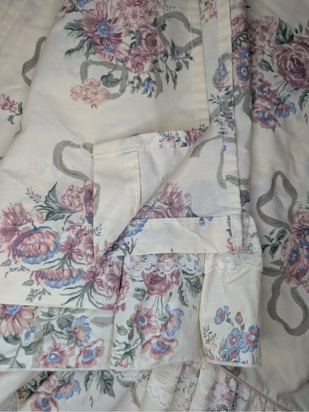 Vintage Flat Sheet Full Floral Ruffle Lace Shabby French Country Cottagecore